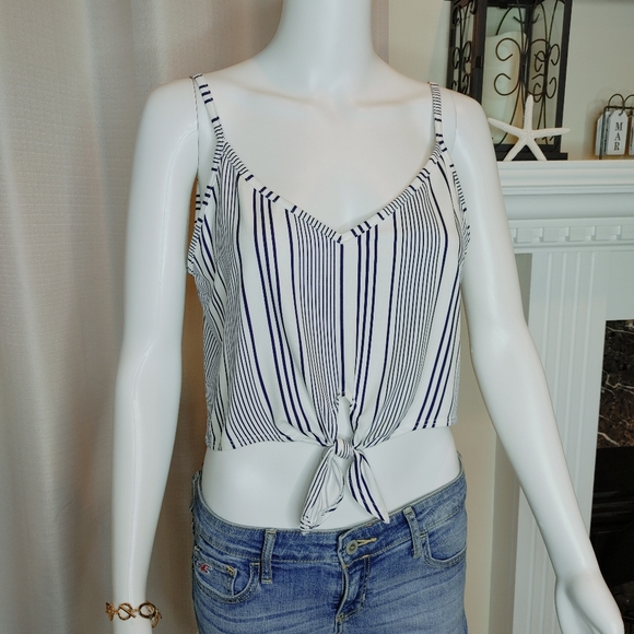 FOREVER 21 STRIPED CROP TOP WITH TIE FRONT, WHITE W/ NAVY STRIPES L - Picture 2 of 6